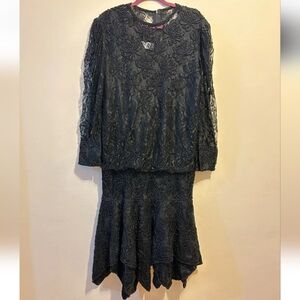 Vintage Sequin Beaded Dress Rina Z Silk & Rayon Sz L Black